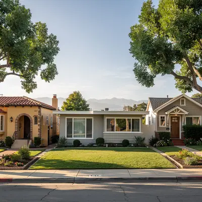 Mixed 1940s homes on a quiet street in the Midwick Tract, Alhambra, California