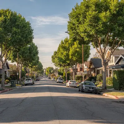 Street of 1920s Spanish Revival and Craftsman homes in Alhambra, California