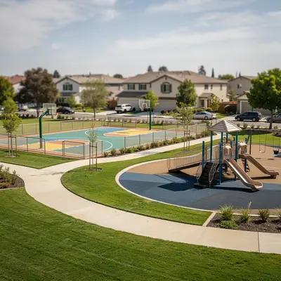 Playground and walking trails in Barnes Park, Baldwin Park, California