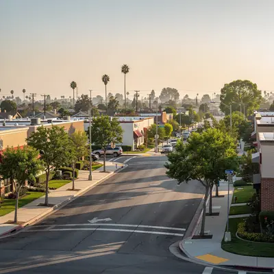 Tree-lined main boulevard in Bellflower, California