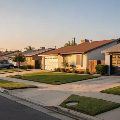 Postwar ranch houses on a quiet street off Clark Street, Bellflower, California