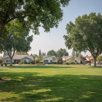 Shady lawn at Simms Park with homes nearby in Bellflower, California