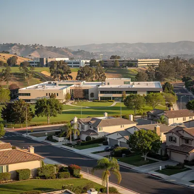 Dominguez Hills at golden hour above neighborhoods in Carson, California