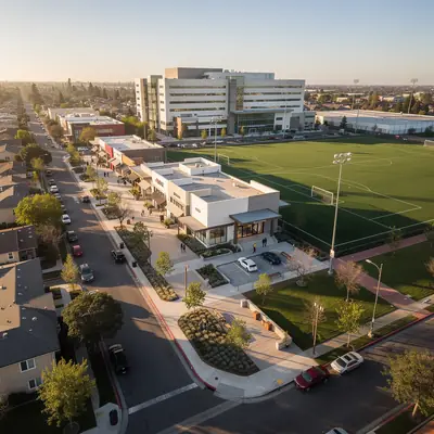 Modern district on a former aerospace plant site in Downey, California