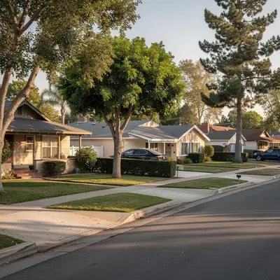 Mixed-era houses on a tree-lined street in Gallatin, Downey, California
