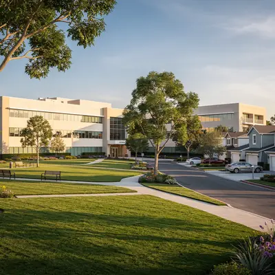 Hospital campus lawns beside a quiet street near Rancho Los Amigos, Downey, California