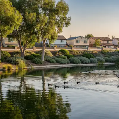 The lake at Belvedere Park at golden hour in East Los Angeles, California