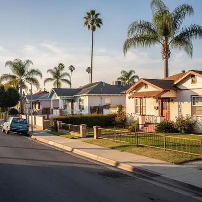 Historic brick handball court and older homes in Maravilla, East Los Angeles, California