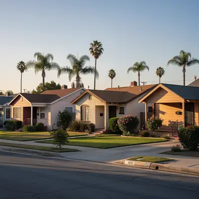Small bungalows on a side street off Whittier Boulevard, East Los Angeles, California