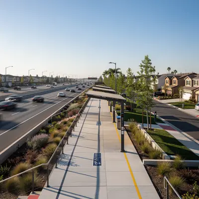 Transit station beside the freeway with nearby homes in El Monte, California