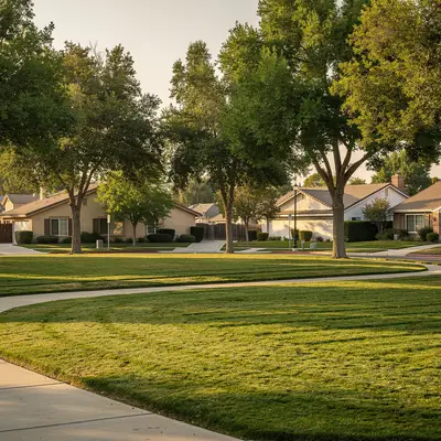 Historical park with lawns and shade trees near Valley Boulevard, El Monte, California