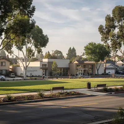 Civic buildings and lawns on Tyler Avenue in El Monte, California