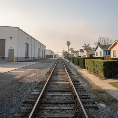 Rail corridor with industrial buildings and nearby homes in Florence-Graham, California