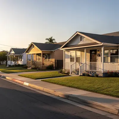 Bungalows with small porches in Firestone Park, Florence-Graham, California