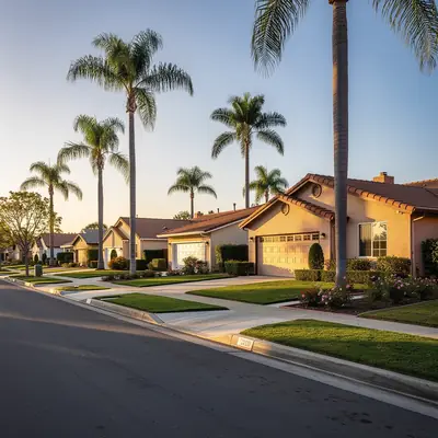 Stucco homes on a quiet street in Moneta and Strawberry Park, Gardena, California