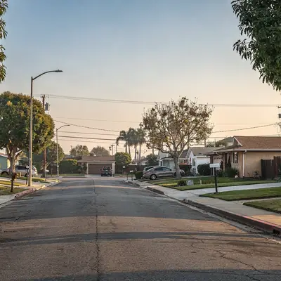 Residential street of midcentury homes in Gardena, California