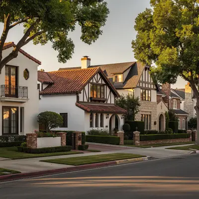 Period Revival houses on a tree-lined street in Rossmoyne, Glendale, California