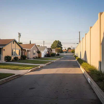 Postwar houses on a quiet block beside the freeway in Hawthorne, California