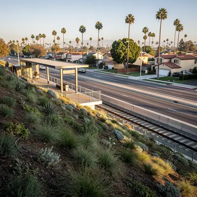 Light rail station beside the freeway with nearby homes in Hawthorne, California