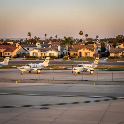 Small airport with nearby houses in Hawthorne, California