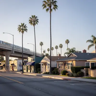 Light rail line beside older homes in Downtown Inglewood, California