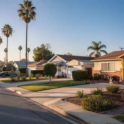 Single-story houses with front gardens in Fairview Heights, Inglewood, California