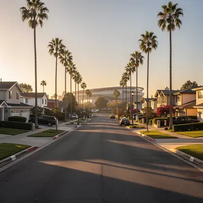 Palm-lined boulevard in the Morningside Park district of Inglewood, California