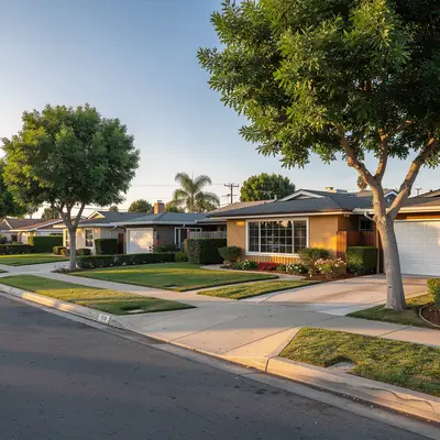 1950s ranch houses on a quiet street in Lakewood Village, Long Beach, California