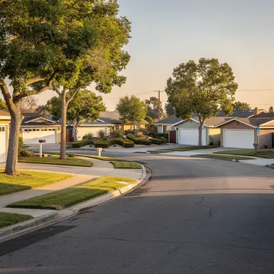 Rows of 1950s tract houses on a planned street in Lakewood, California