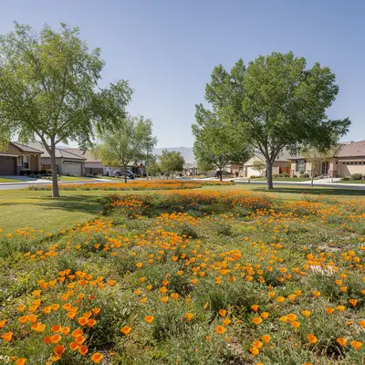 Poppies and green lawns at Lancaster City Park, Lancaster, California