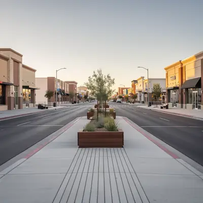 Redesigned downtown boulevard with wide sidewalks in Lancaster, California