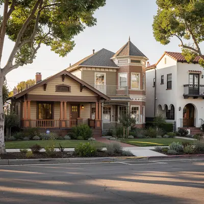 Craftsman bungalows and a Victorian on a leafy street in Rose Park, Long Beach, California