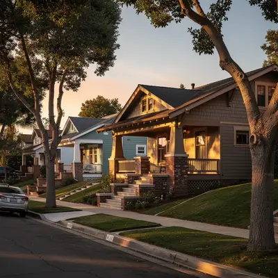 Craftsman bungalows on a tree-lined street in Highland Park, Los Angeles, California
