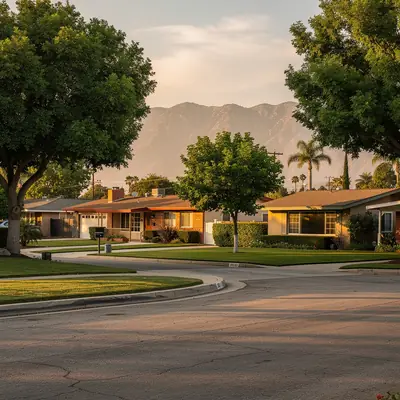 Street of postwar ranch homes in the San Fernando Valley, Los Angeles, California