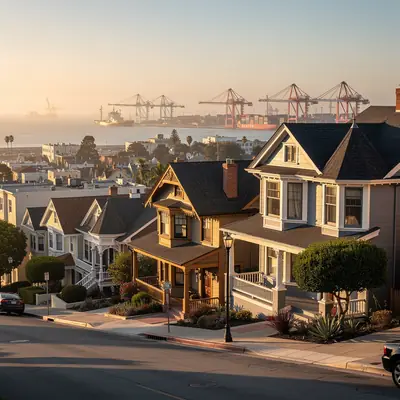Hillside street of older homes above the harbor in San Pedro, Los Angeles, California