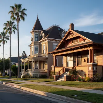 Restored Victorian and Craftsman homes on a palm-lined street in West Adams, Los Angeles, California