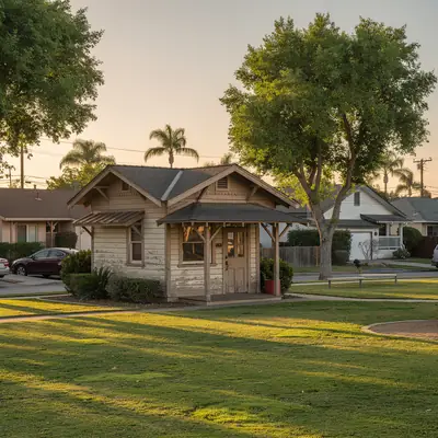 Historic depot building beside a park in Lynwood, California