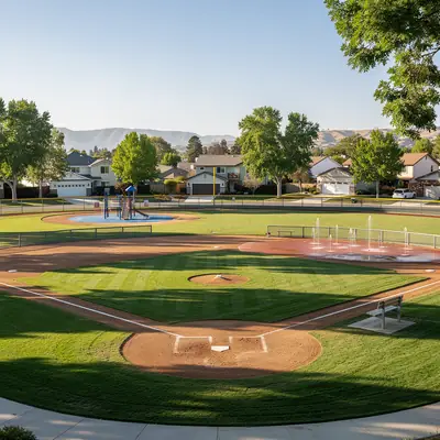 Ballfields and splash pad at Grant Rea Park, Montebello, California