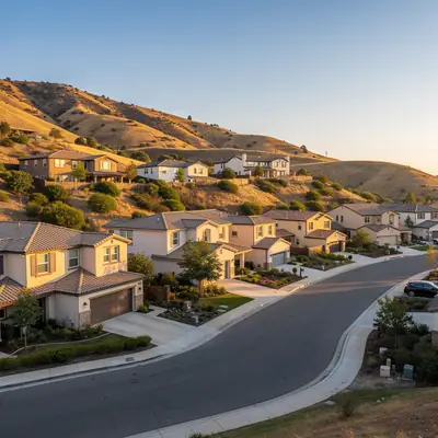 The Montebello Hills at golden hour above homes in Montebello, California
