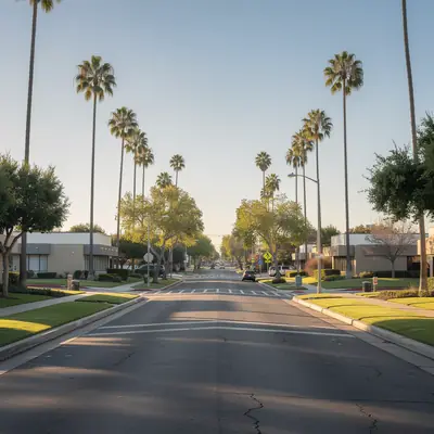 Civic center with lawns and palm trees on Norwalk Boulevard, Norwalk, California