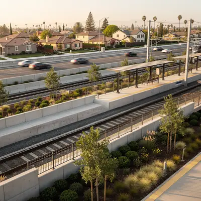 Transit stations beside the freeway with homes nearby in Norwalk, California