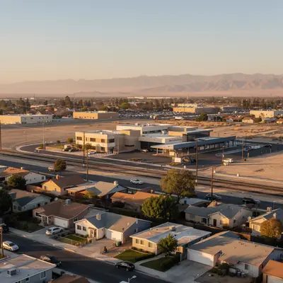 Rooftops and civic center area in central Palmdale, California