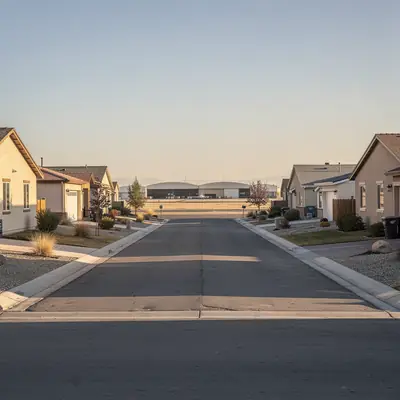 Residential street with an airfield in the distance near Plant 42, Palmdale, California