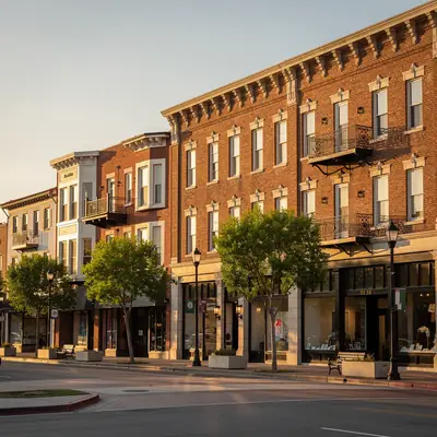 Historic brick buildings with condos above in Old Pasadena, Pasadena, California