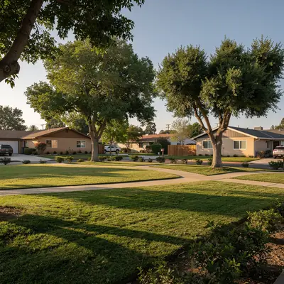 Neighborhood park beside single-story homes in old Pico, Pico Rivera, California