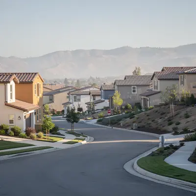 Master-planned homes on sloped streets in Phillips Ranch, Pomona, California