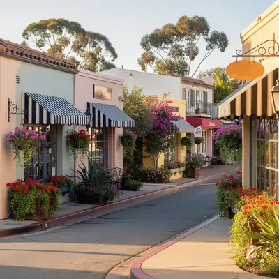 Village street of shops and cafes in Riviera Village, Redondo Beach, California