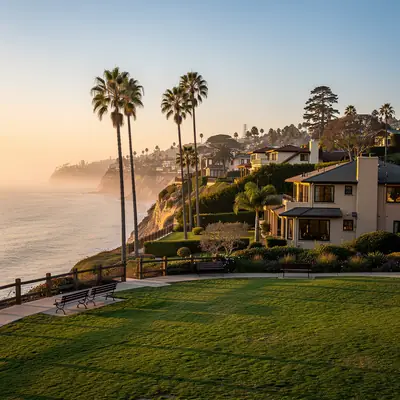 Bluff-top park and leafy north-side blocks in Santa Monica, California