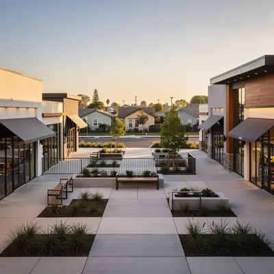 Open-air shopping center near quiet home blocks in South Gate, California