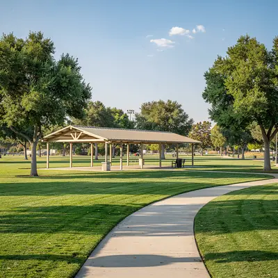 Lawns and shade trees at South Gate Park, South Gate, California
